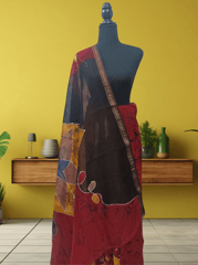 Anoothi-A Handpainted Batik Maheshwari Silk Cotton Saree in Red and Black