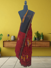 Anoothi-A Handpainted Batik Maheshwari Silk Cotton Saree in Red and Black