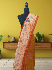Anoothi-A Handpainted Batik Maheshwari Silk Cotton Saree in Orange and Cream