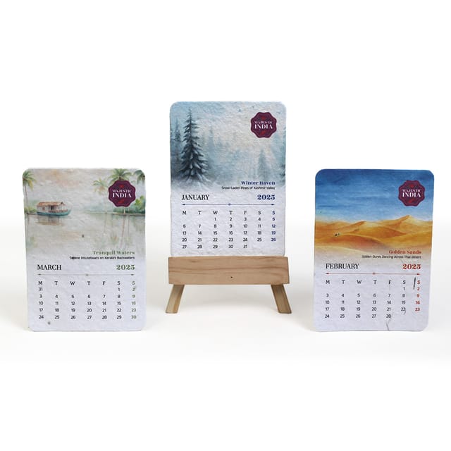 bioQ Plantable Desk Calendar 2025 - Majestic India with Wooden Stand | Eco Gift