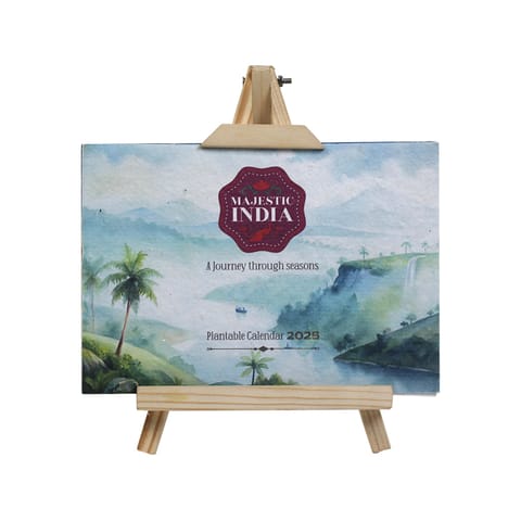 bioQ Bloom Desk India Calendar 2025 with Wooden A-Stand | Plantable Calendar | Indian Landscapes | Zero Waste Corporate Gift