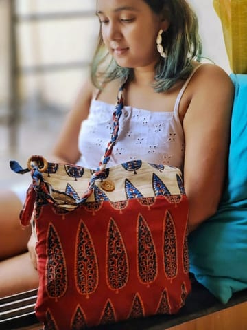 Almitra Sustainables-Maroon & Off-White Hand Block Printed Braided Ethnic Sling Bags