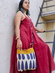 Almitra Sustainables-Blue & Off-white Hand Block Printed Braided Ethnic Sling Bags.