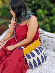 Almitra Sustainables-Blue & Off-white Hand Block Printed Braided Ethnic Sling Bags.