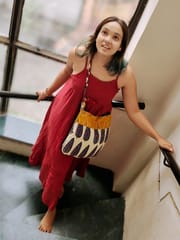 Almitra Sustainables-Blue & Off-white Hand Block Printed Braided Ethnic Sling Bags.