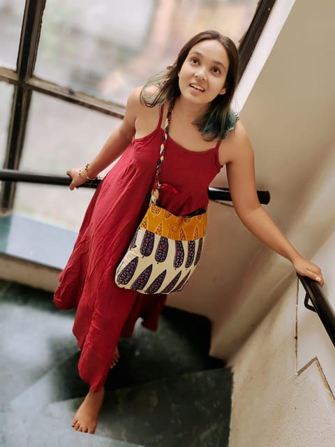 Almitra Sustainables-Blue & Off-white Hand Block Printed Braided Ethnic Sling Bags.