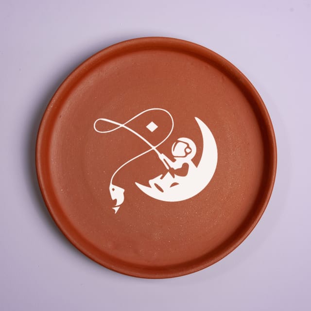 Almiro Tree Terracotta Wall Plate with Abstract Art - Astronaut Fishing Theme for Living Room, Bedroom, Office, 20cm