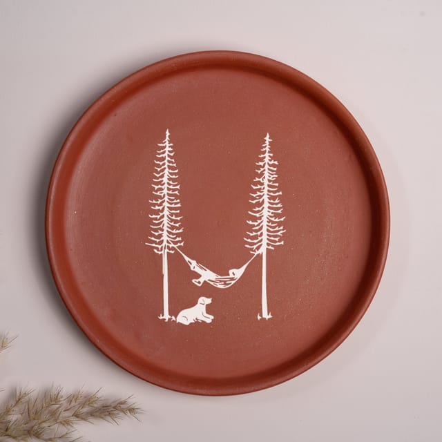 Almiro Tree Terracotta Wall Plate with Relaxing in Hammock Theme for Living Room, Bedroom, Office, 20cm