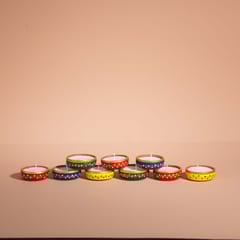 Almiro Tree Handpainted Terracotta Essence Diya, Ram Mandir Special 3 Wick Wax Candle for Home and Gifting, Pack of 9