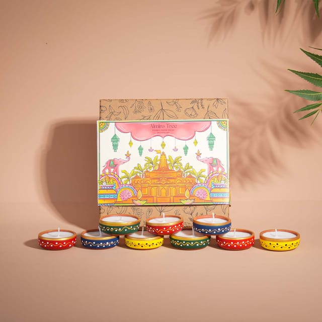 Almiro Tree Handpainted Terracotta Essence Diya, Ram Mandir Special 3 Wick Wax Candle for Home and Gifting, Pack of 9