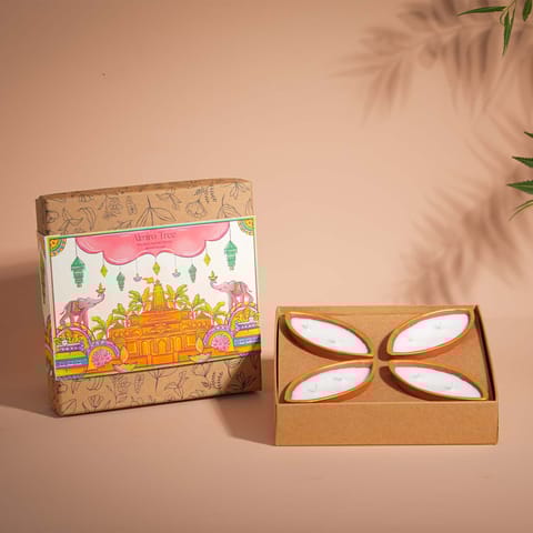 Almiro Tree Handpainted Terracotta Essence Diya, Ram Mandir Special 3 Wick Wax Candle for Home and Gifting, Flower Composition