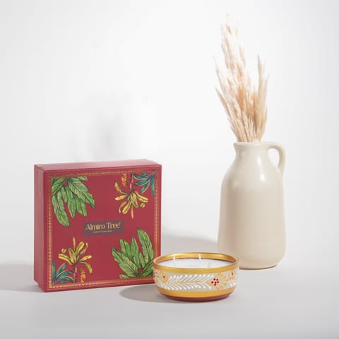 Almiro Tree Handpainted Terracotta Essence Diya, 3 Wick Wax Candle for Home and Gifting, White Musk