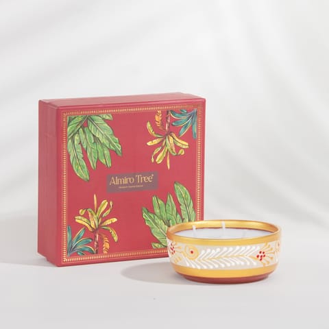 Almiro Tree Handpainted Terracotta Essence Diya, 3 Wick Wax Candle for Home and Gifting, Vanilla