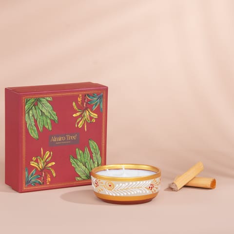 Almiro Tree Handpainted Terracotta Essence Diya, 3 Wick Wax Candle for Home and Gifting, Sandalwood