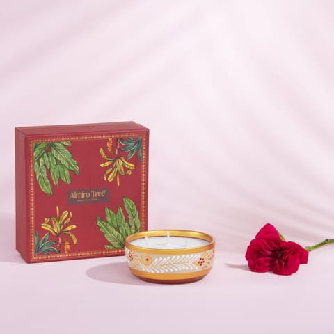 Almiro Tree Handpainted Terracotta Essence Diya, 3 Wick Wax Candle for Home and Gifting, Rose