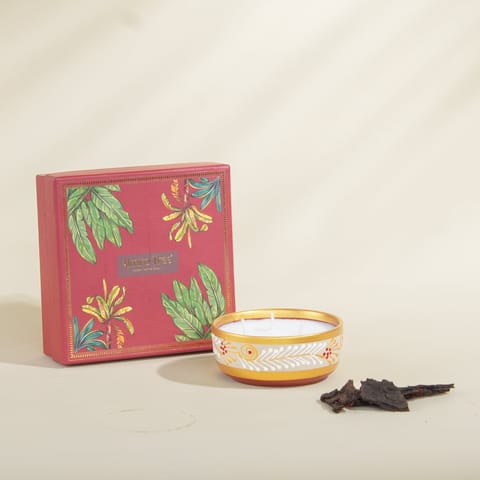 Almiro Tree Handpainted Terracotta Essence Diya, 3 Wick Wax Candle for Home and Gifting, Dahnul Oudh