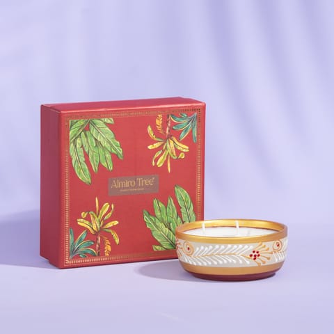 Almiro Tree Handpainted Terracotta Essence Diya, 3 Wick Wax Candle for Home and Gifting, Lavender