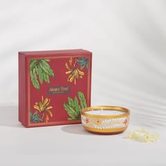 Almiro Tree Handpainted Terracotta Essence Diya, 3 Wick Wax Candle for Home and Gifting, Mogra