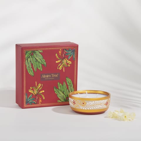 Almiro Tree Handpainted Terracotta Essence Diya, 3 Wick Wax Candle for Home and Gifting, Mogra