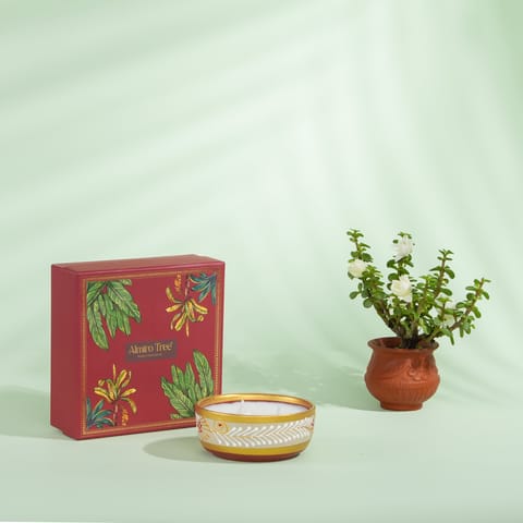 Almiro Tree Handpainted Terracotta Essence Diya, 3 Wick Wax Candle for Home and Gifting, Amber, Champa