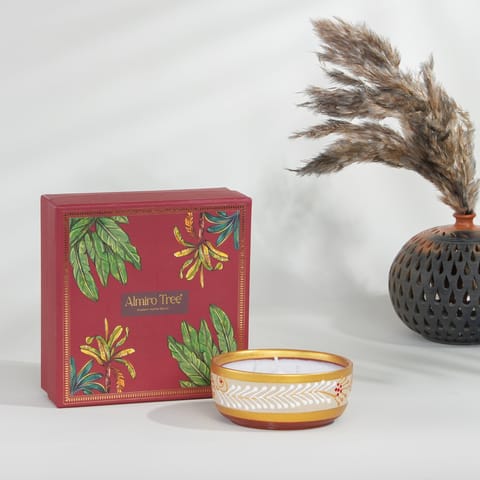 Almiro Tree Handpainted Terracotta Essence Diya, 3 Wick Wax Candle for Home and Gifting, Black Musk