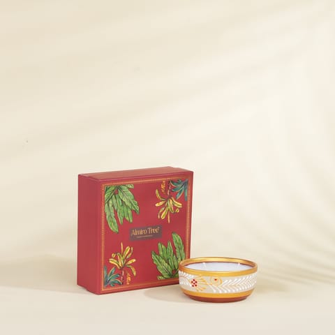 Almiro Tree Handpainted Terracotta Essence Diya, 3 Wick Wax Candle for Home and Gifting, Amber