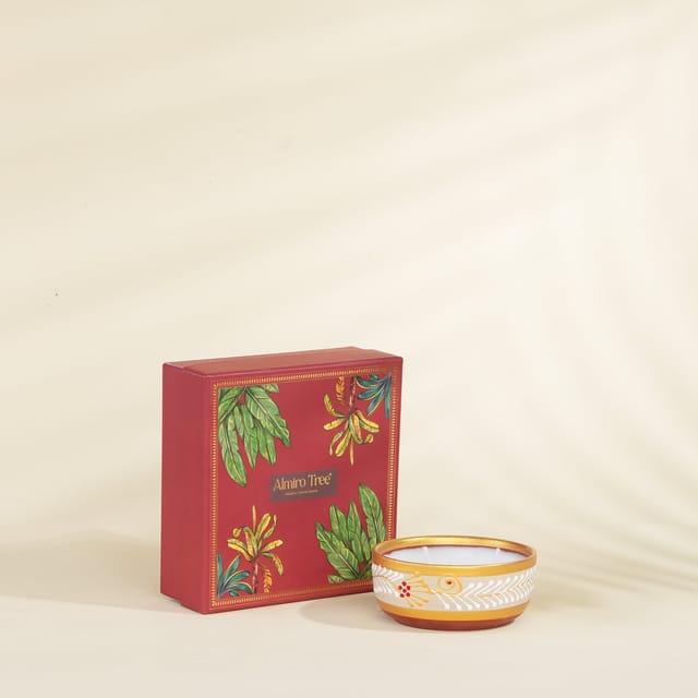 Almiro Tree Handpainted Terracotta Essence Diya, 3 Wick Wax Candle for Home and Gifting, Amber
