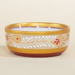Almiro Tree Handpainted Terracotta Essence Diya, 3 Wick Wax Candle for Home and Gifting, Amber