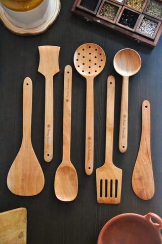 Almitra Sustainables-Neem Wood Kitchen Ladle Set ( Set of 7 )