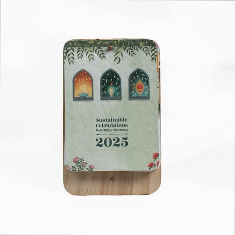 bioQ Golden Days Celebration Plantable Calendar 2025 with Wooden Plate Stand | Premium Desk Calendar | Festival Theme | Growing Calendar