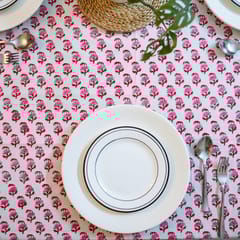 Coral Slub - Petals 6 Seater Dining Table Cover, Hand Block Print, 100% Cotton, 60" x 90"