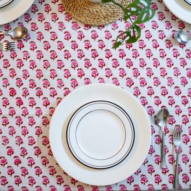 Coral Slub - Petals 6 Seater Dining Table Cover, Hand Block Print, 100% Cotton, 60" x 90"