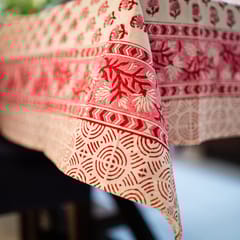 Coral Slub - Petals 6 Seater Dining Table Cover, Hand Block Print, 100% Cotton, 60" x 90"