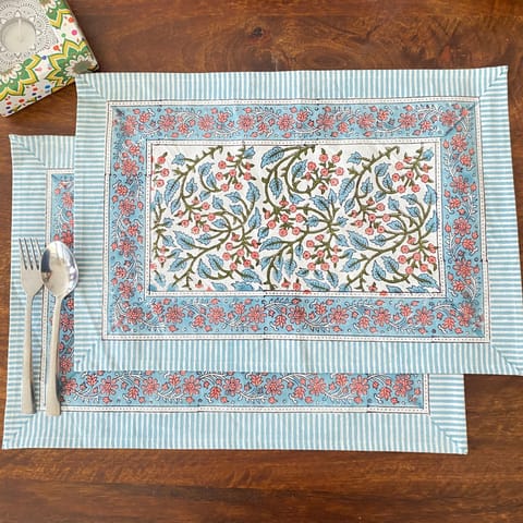 Coral Slub - Bel Hand Block Print Placemats, 12" x 18", Set of 6