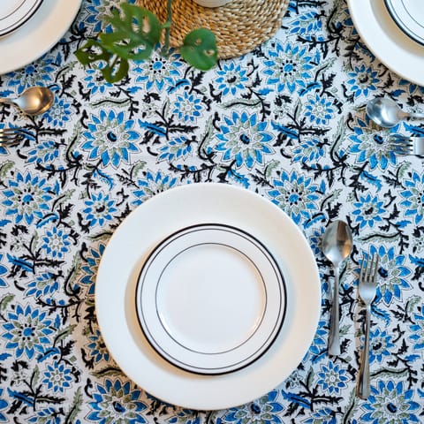 Coral Slub - Blue Daisy 6 Seater Dining Table Cover, Hand Block Print, 100% Cotton, 60" x 90"