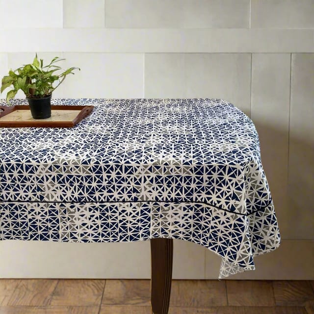 Coral Slub - Blue Kaleidoscope 6 Seater Dining Table Cover, 100% Cotton, 60" x 90"