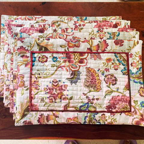 Coral Slub - Burgundy Garden Print Cotton Placemats, 13" x 19", Set of 6