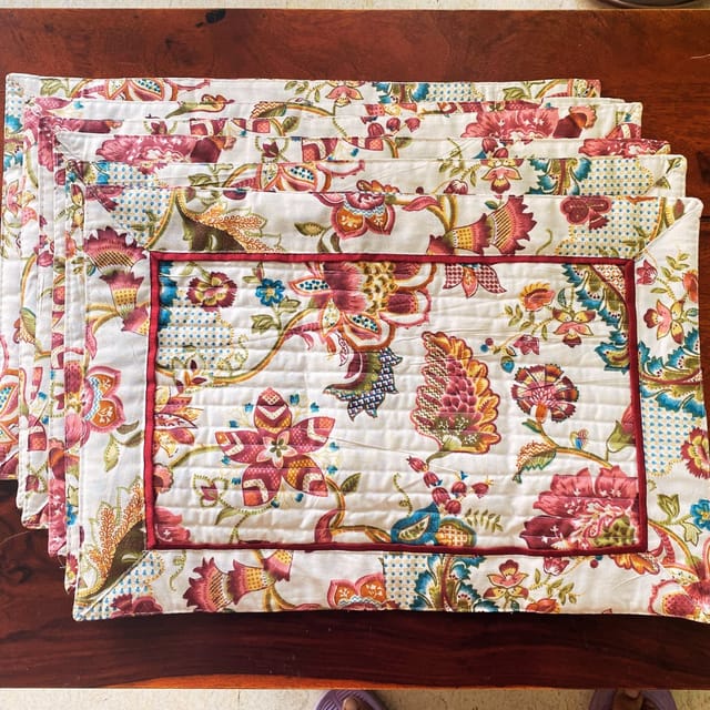 Coral Slub - Burgundy Garden Print Cotton Placemats, 13" x 19", Set of 6