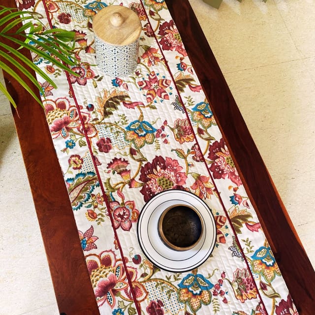 Coral Slub - Burgundy Garden Print Table Runner, 100% cotton, 15" x 72"
