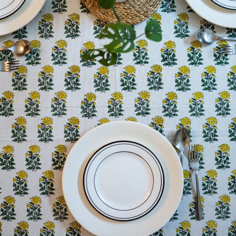 Coral Slub - Chamak 6 Seater Dining Table Cover, Hand Block Print, 100% Cotton, 60" x 90"