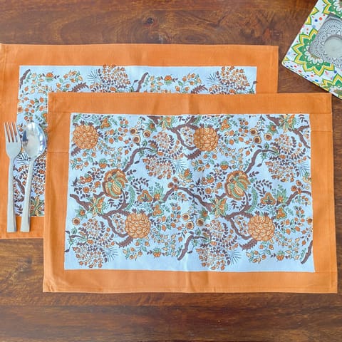 Coral Slub - Champa Hand Block Print Placemats, 12" x 18", Set of 6