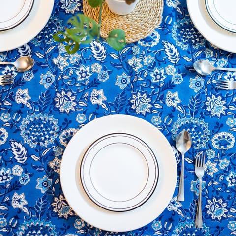 Coral Slub - Cobalt 6 Seater Dining Table Cover, Hand Block Print, 100% Cotton, 60" x 90"