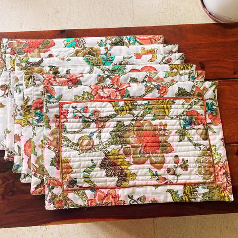 Coral Slub - Dahlia Garden Print Cotton Placemats, 13" x 19", Set of 6