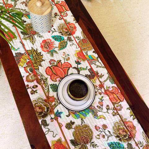 Coral Slub - Dahlia Garden Print Table Runner, 100% cotton, 15" x 72"