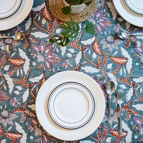 Coral Slub - Eden 6 Seater Dining Table Cover, Hand Block Print, 100% Cotton, 60" x 90"