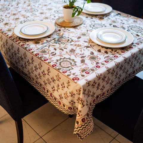Coral Slub - Green Garden 6 Seater Dining Table Cover, Block Print, 100% Cotton, 60" x 90"