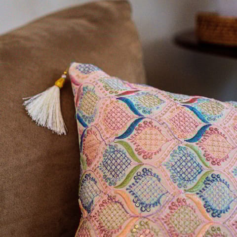 Coral Slub - Kundan Offwhite Emboidered Cushion Cover, 16" x 16", Pack of 1