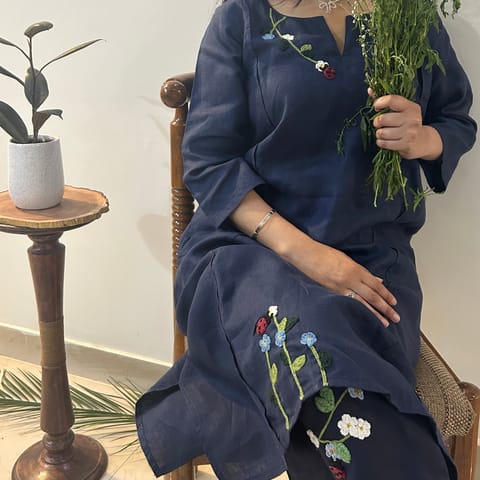 Ikriit’m - Indigo Bloom Linen Set of Dress & Trouser