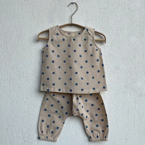WHITEWATER KIDS UNISEX ORGANIC INDIGO BEIGE POLKA JHABLA WITH POLKA PANTS