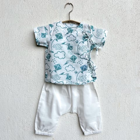WHITEWATER KIDS UNISEX ORGANIC PATANG PRINT TEAL ANGARAKHA TOP + WHITE PANTS